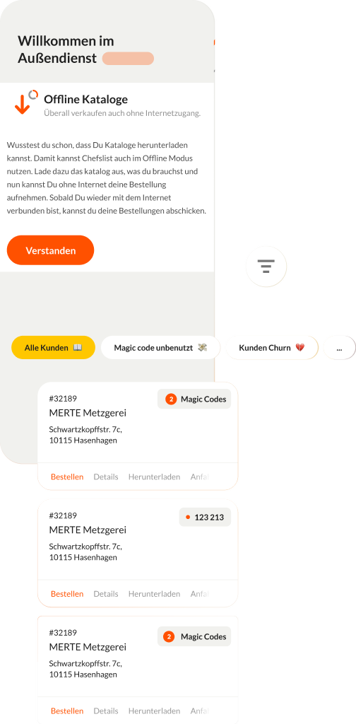 ChefsList field-sales mobile app showing offline catalogs, customer filters, and customer cards