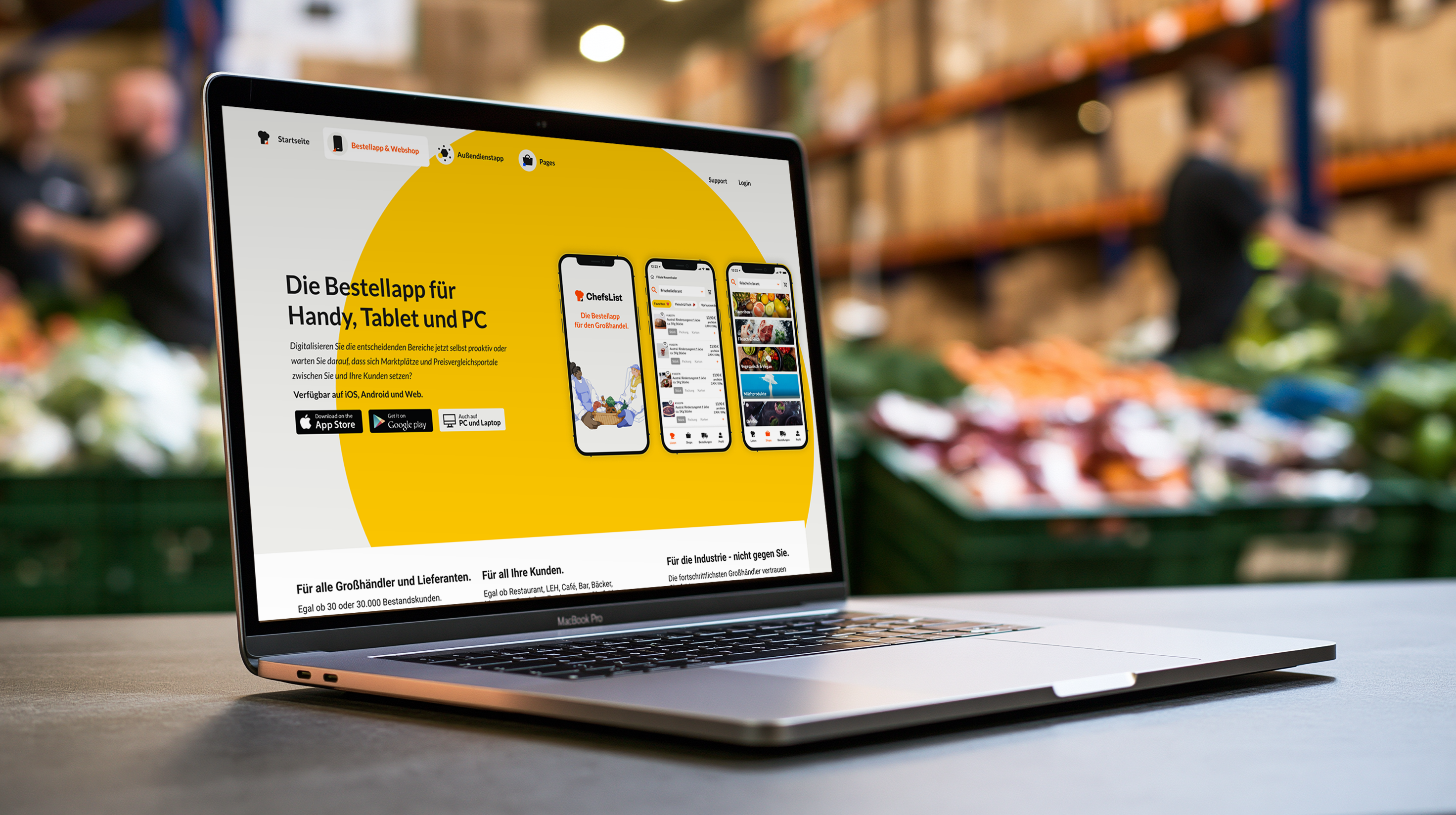 ChefsList ordering platform displayed on a laptop in a wholesale market