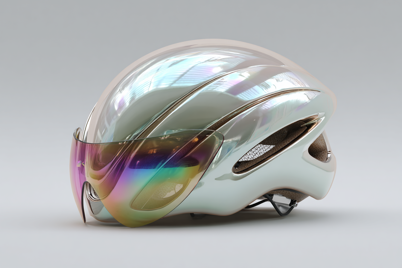 Iridescent aerodynamic cycling helmet on a pale studio surface