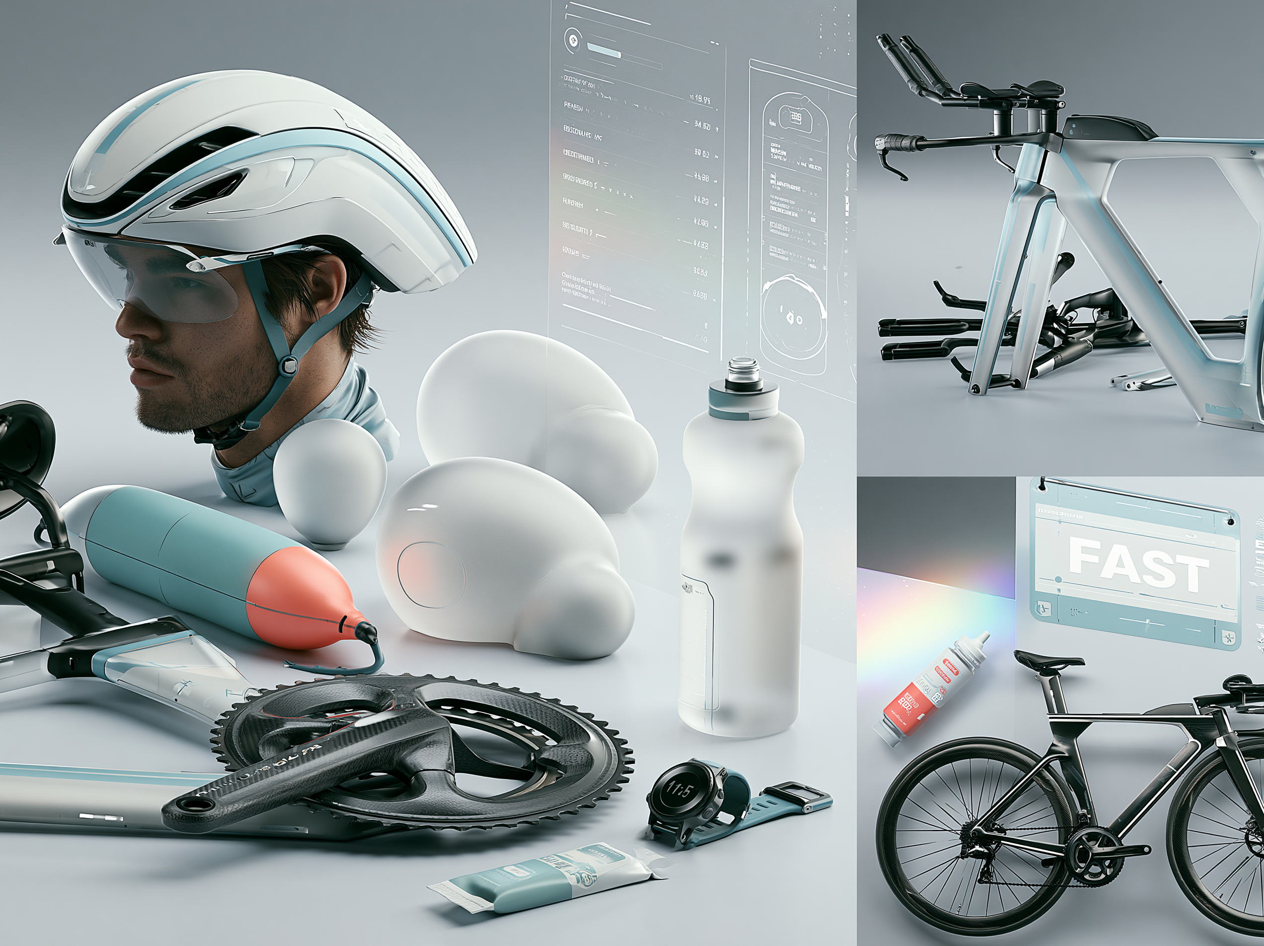 Experimental endurance product moodboard with a cyclist, equipment, and interface studies