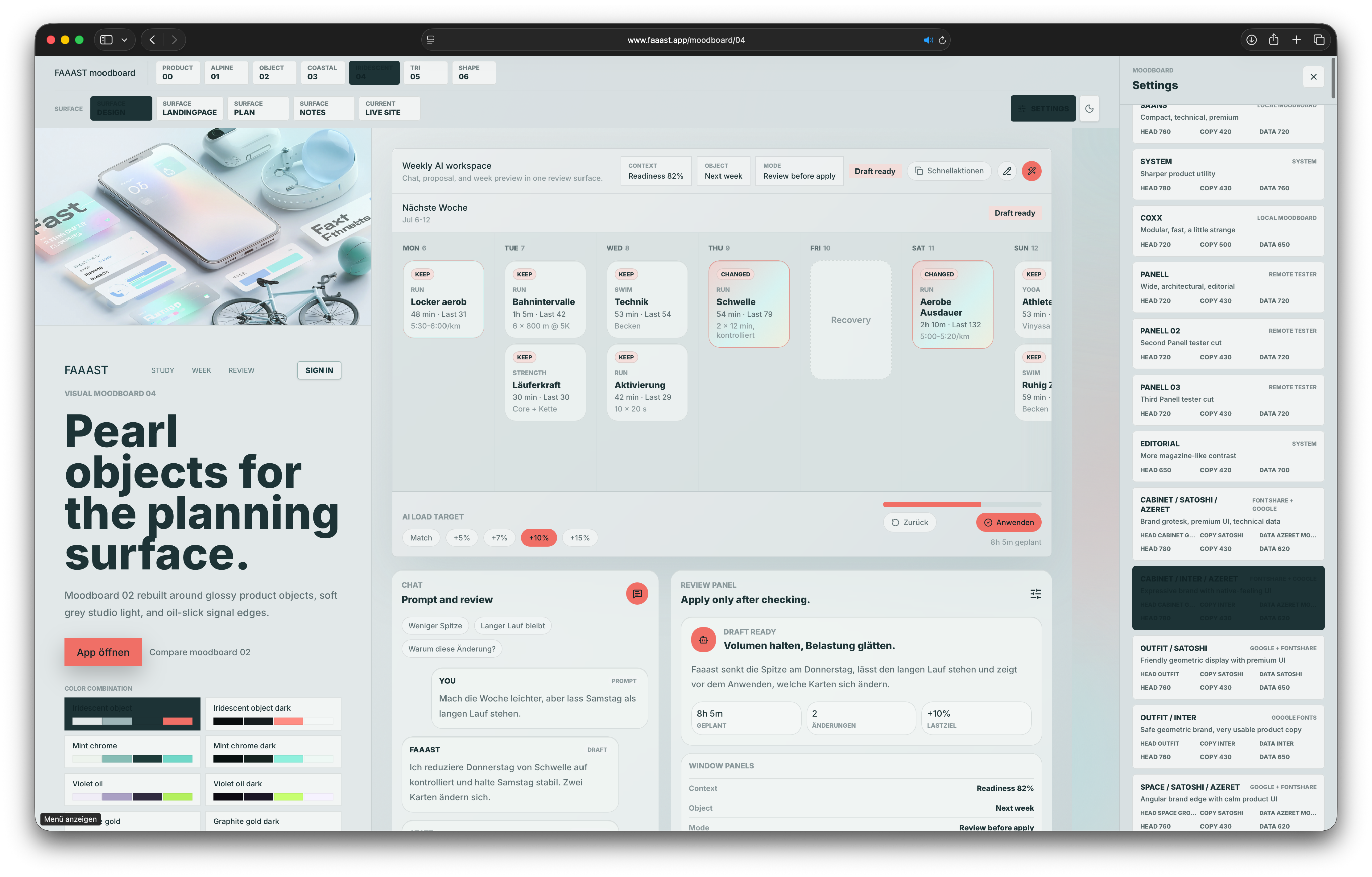 FAAAST moodboard and adaptive weekly planning workspace